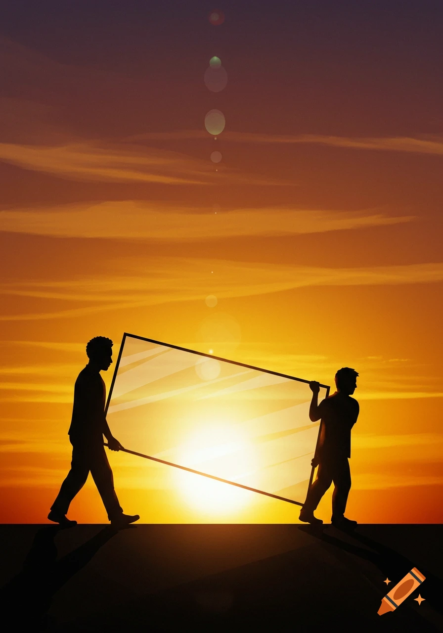 Two men carrying a large sheet of glass as silhouettes against a vibrant sunset sky.