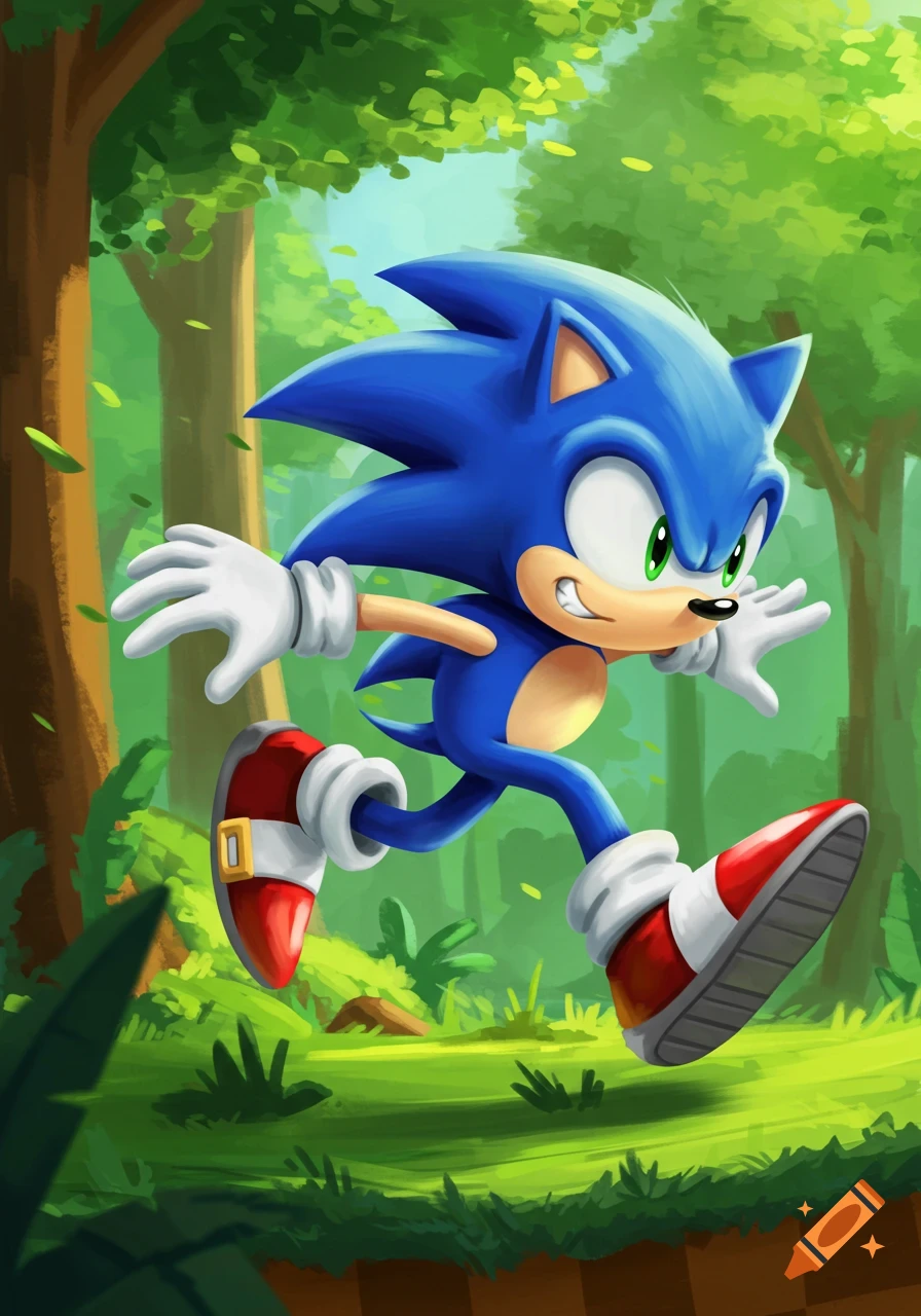 Sonic the Hedgehog runs through a bright green forest in an illustrative style.