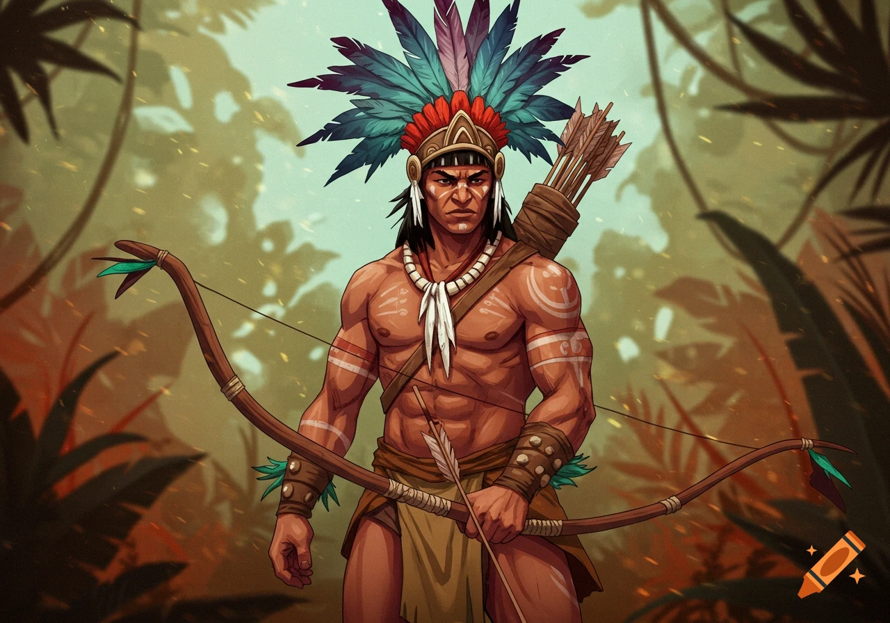 Taino warrior with feather headdress, bow, and arrow in jungle