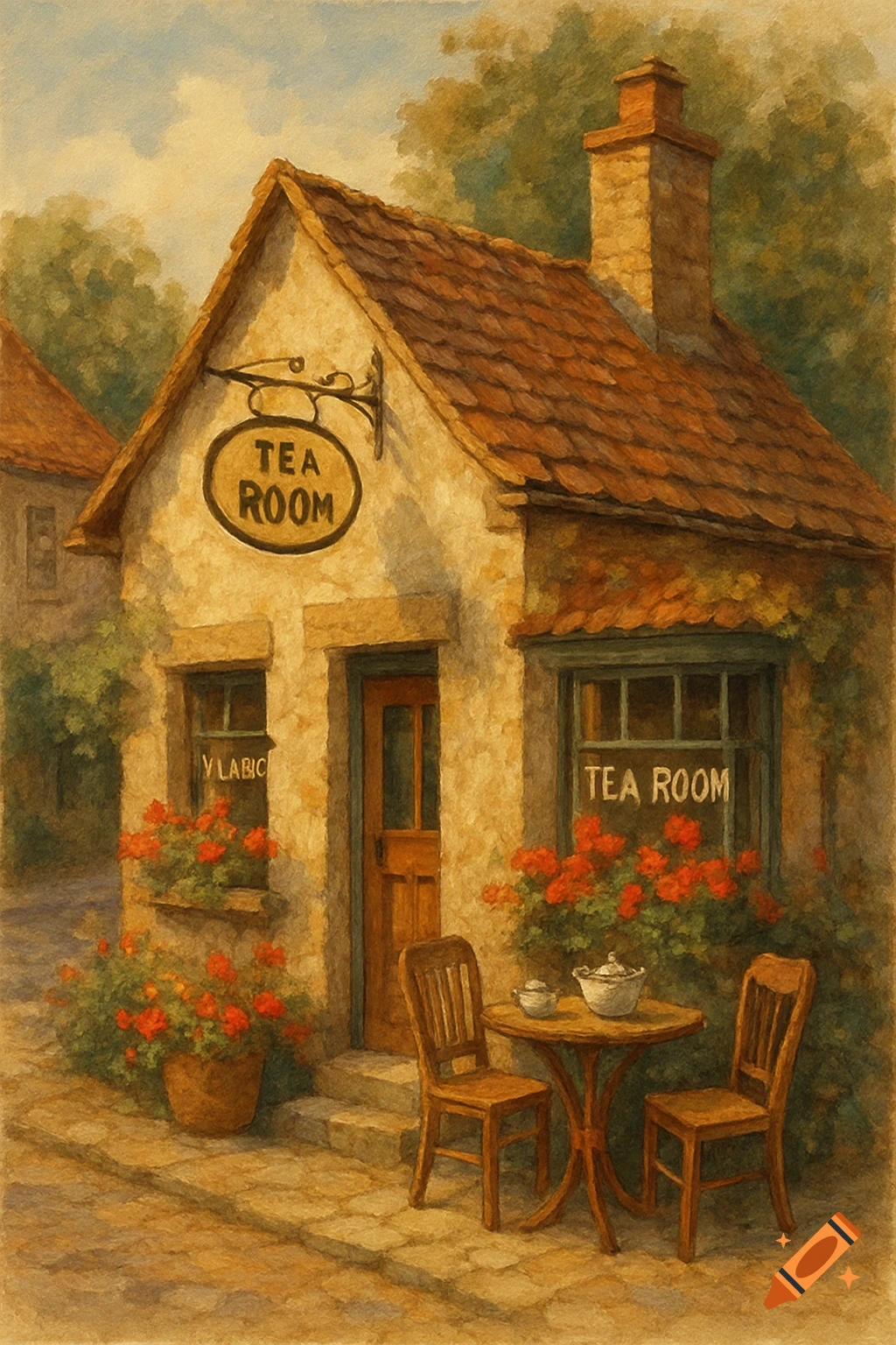 Painting of a rustic village tea room with outdoor table, chairs, and flower boxes.