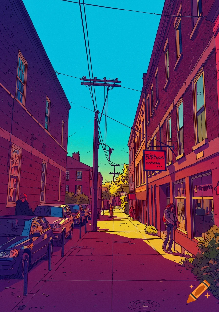 Illustration of a stylized city street with brick buildings, cars, and people.