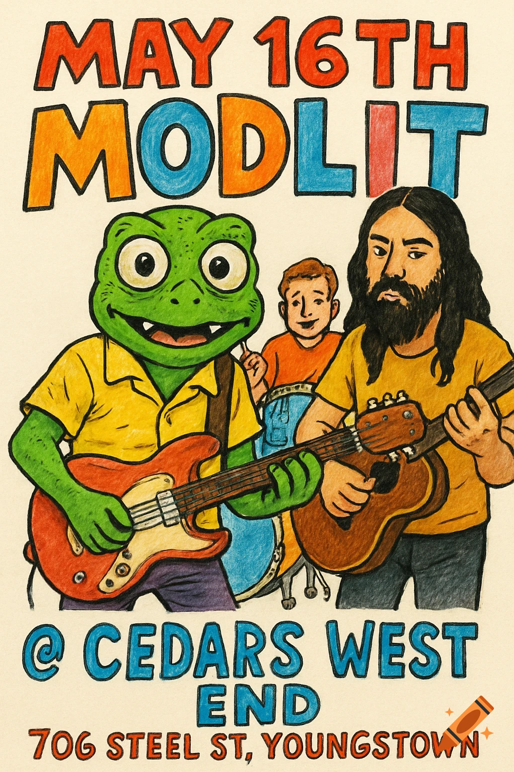 Hand-drawn event poster featuring cartoon characters, including a frog, playing music, with date and location text.