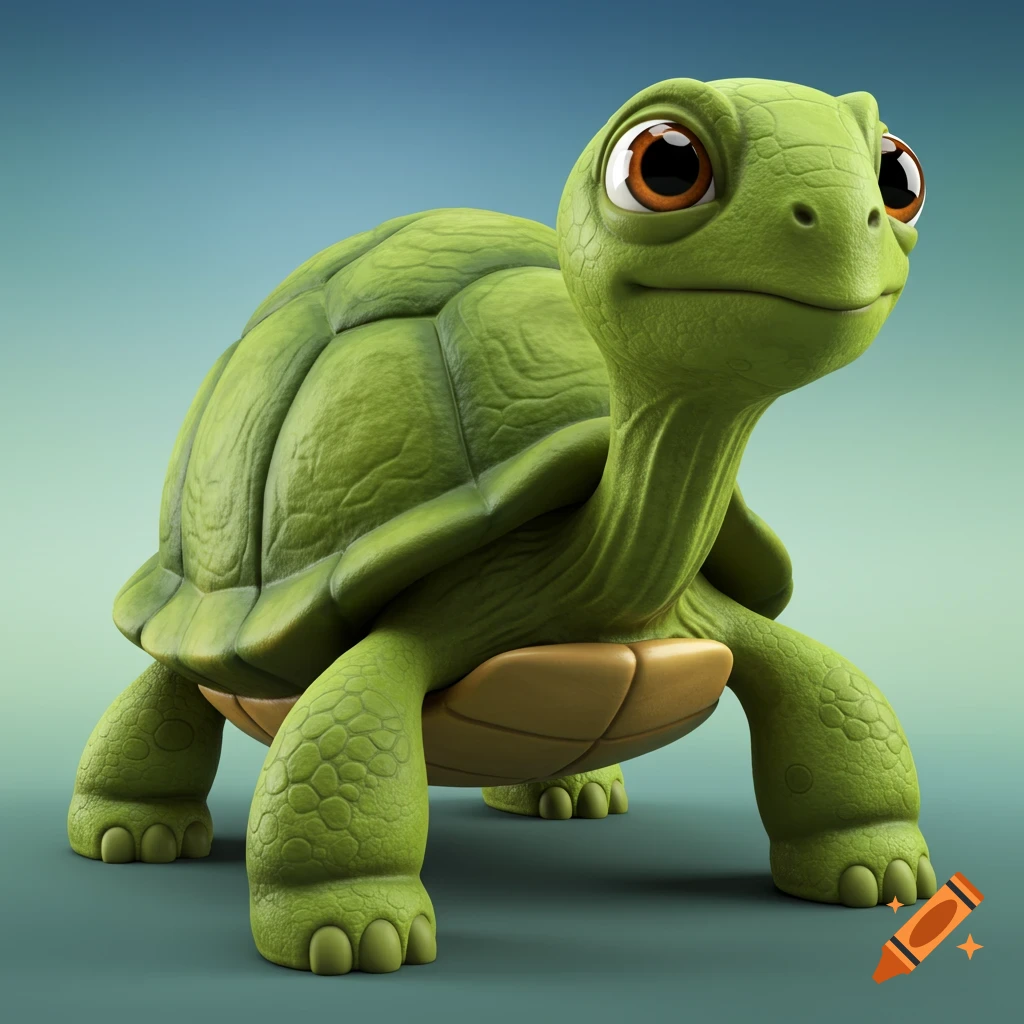 A closeup 3D render of a cute green cartoon turtle with big eyes.