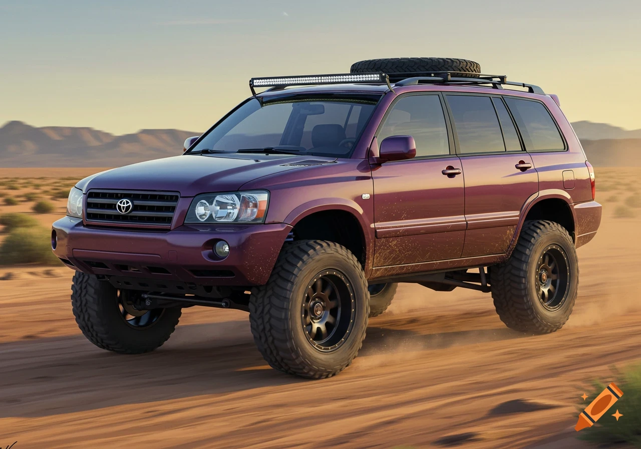 Photorealistic image of a modified maroon Toyota Highlander driving through a sandy desert landscape.