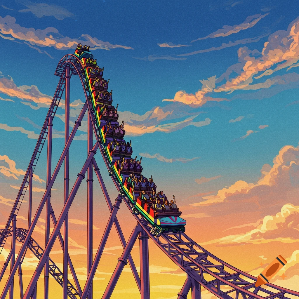 A roller coaster car full of people descends a track against a colorful sunset sky in an illustration style.