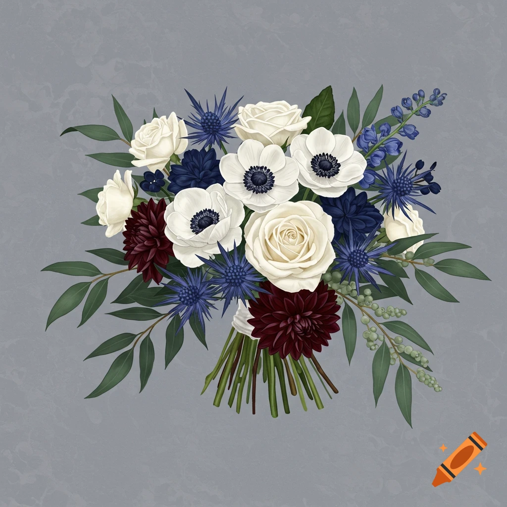 An illustration of a bouquet of white roses and anemones, dark blue thistle and delphinium, and burgundy dahlias and astrantia with greenery on a textured grey background.