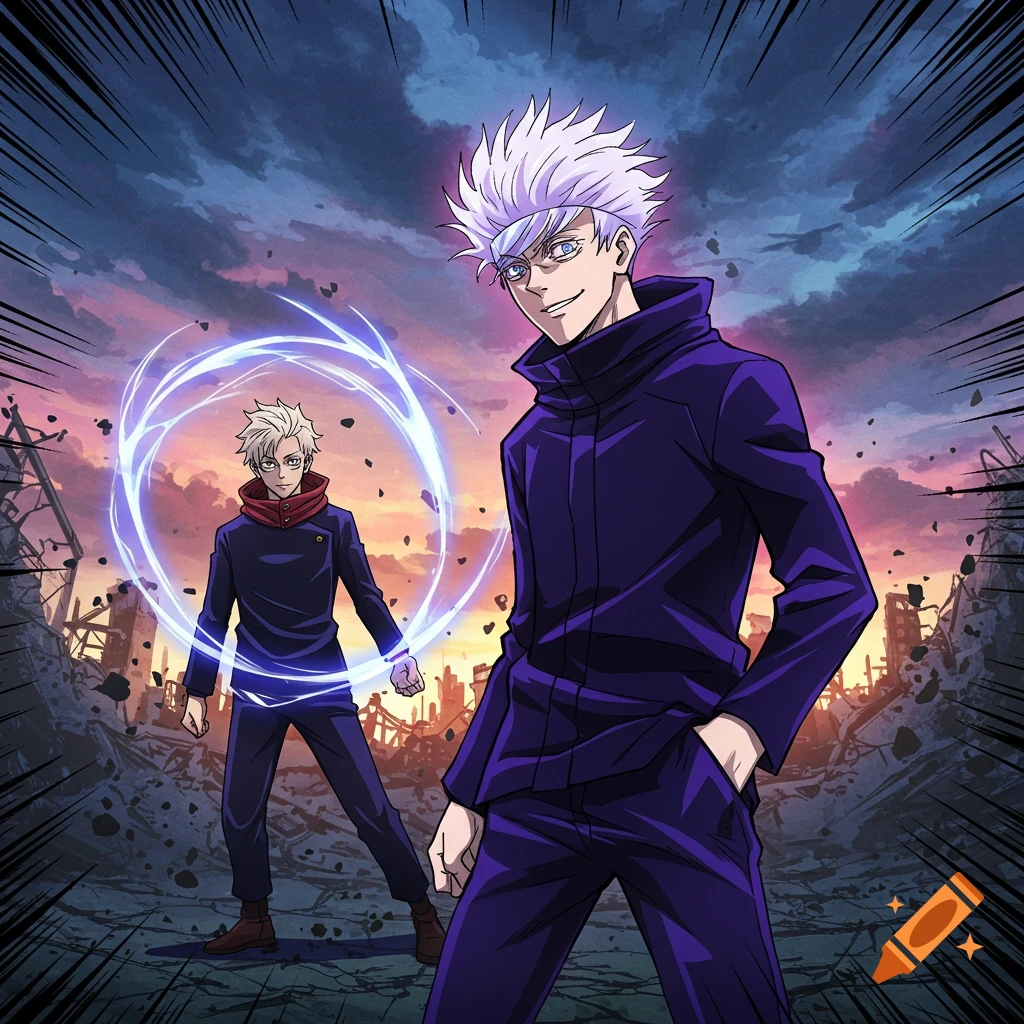 Two anime characters in a destroyed city. One in foreground smiles; the other has blue energy around his arm. Anime style.