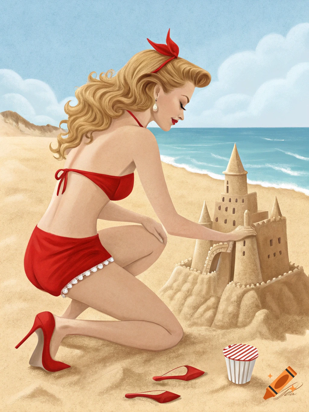 Retro illustration of a woman in a red bikini building a sandcastle on the beach.