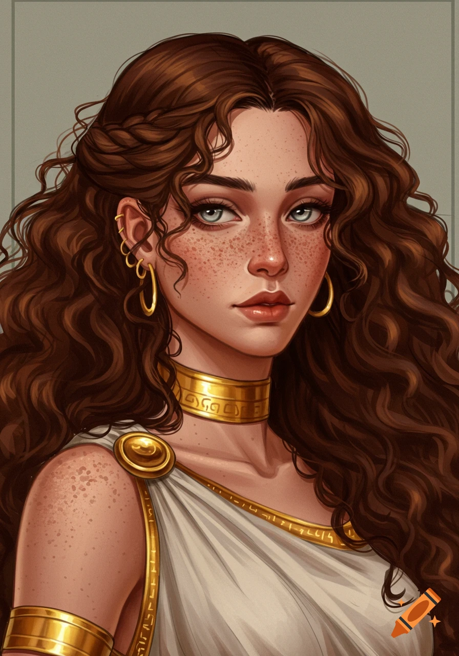 Illustration of a woman with long curly brown hair, freckles, and grey eyes in an ancient Greek style dress and gold jewelry.