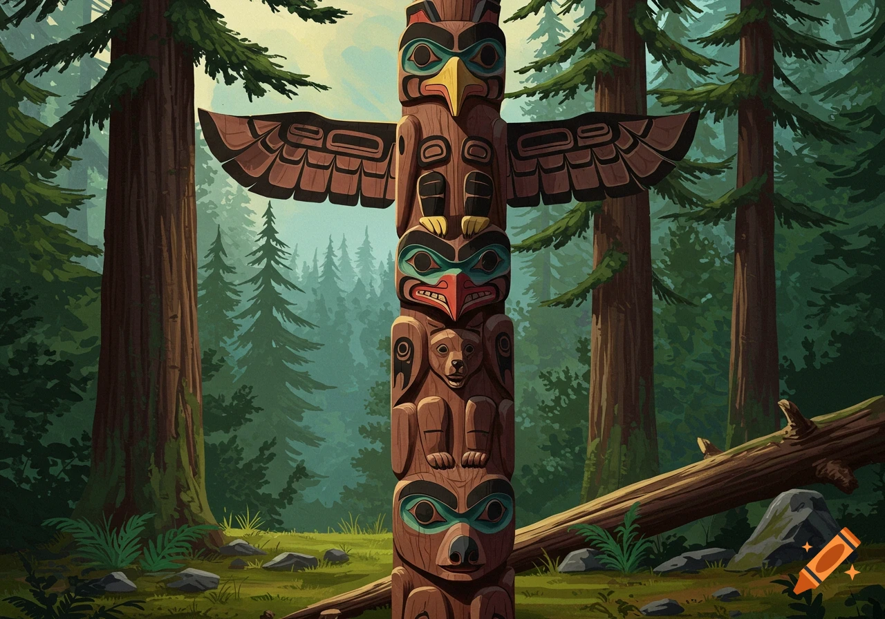 A tall, intricately carved Native American totem pole stands in a sunlit forest clearing.