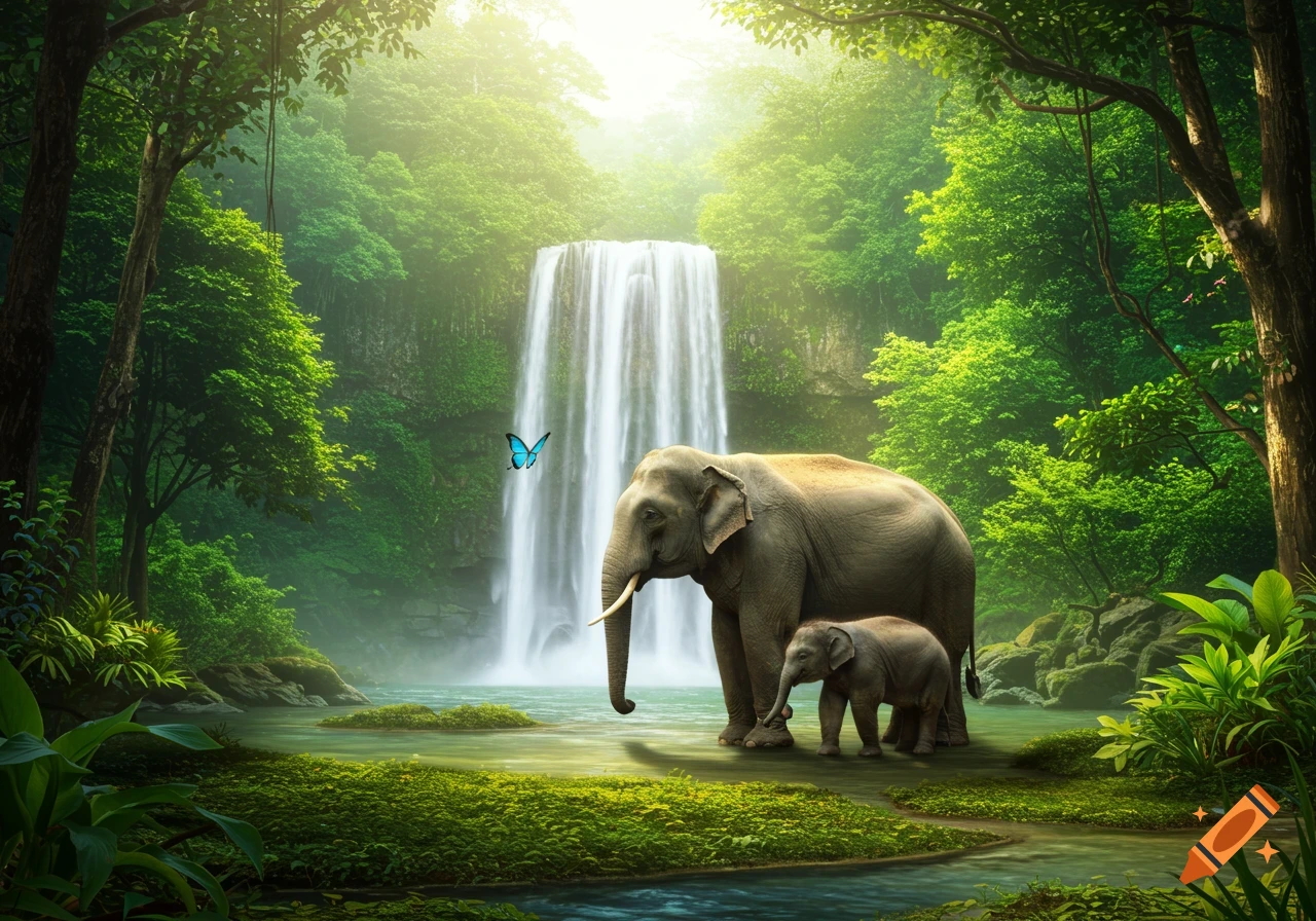 Mother and baby elephant by a jungle waterfall with a butterfly in a realistic painting style.