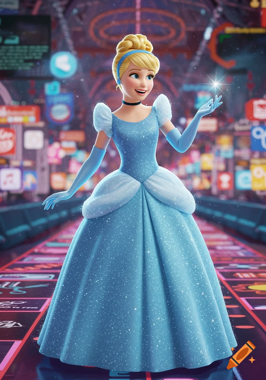 Cinderella in a sparkling blue gown stands in a vibrant digital cityscape,  holding out her hand. on Craiyon