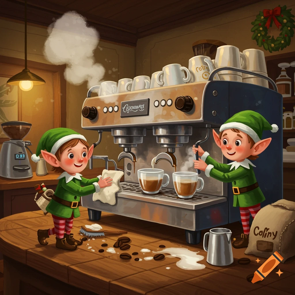 Two cartoon elves in green outfits cleaning an espresso machine in a cozy cafe setting.