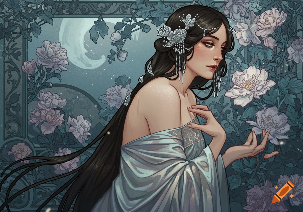 Woman with long dark hair among flowers in moonlight, in an art nouveau style.