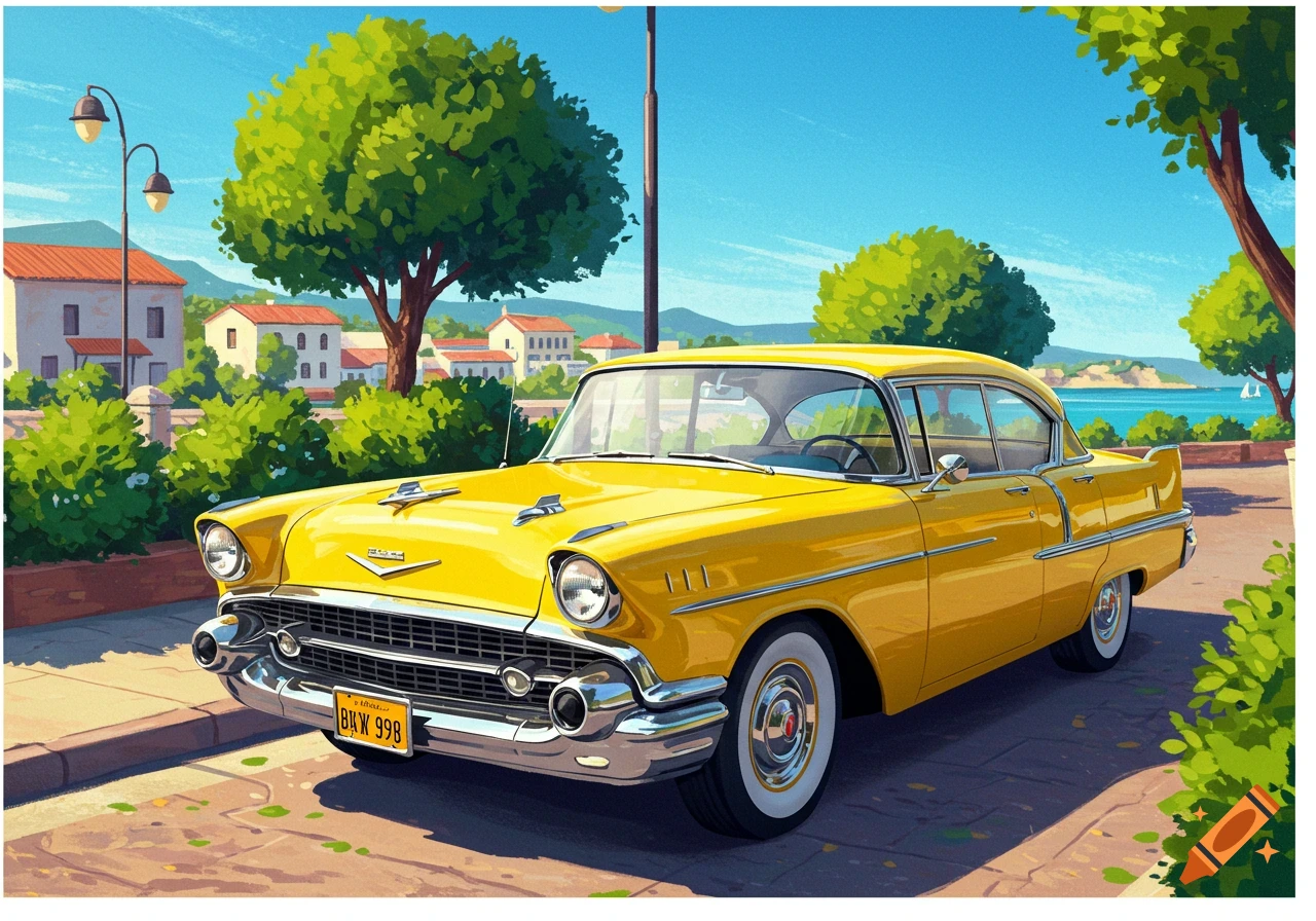 A bright yellow classic car is parked on a street in a sunny, illustrated scene with buildings, trees, and water in the background.
