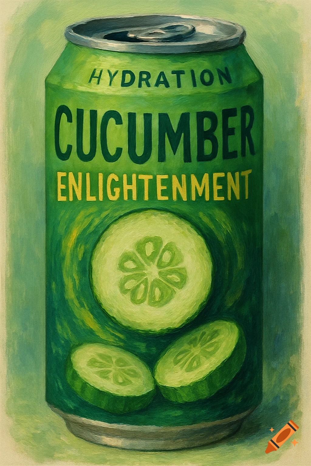 A green drink can labeled 'Hydration Cucumber Enlightenment' with cucumber slices, in a painterly style.
