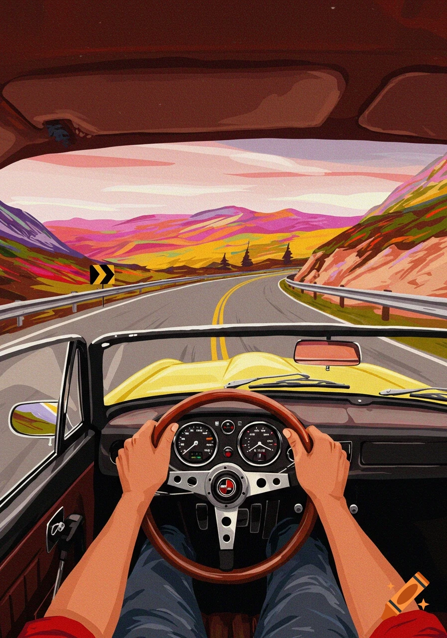 Point-of-view illustration from inside a yellow sports car driving on a road through a colorful, mountainous landscape at sunset.