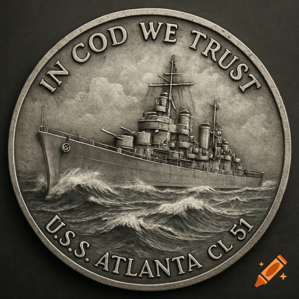 Silver coin depicting the U.S.S. Atlanta battleship on waves, with text around the edge.