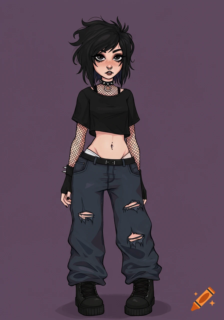 A stylized illustration of an emo/scene character with black messy hair, piercings, a crop top, fishnet sleeves, ripped jeans, and platform boots.
