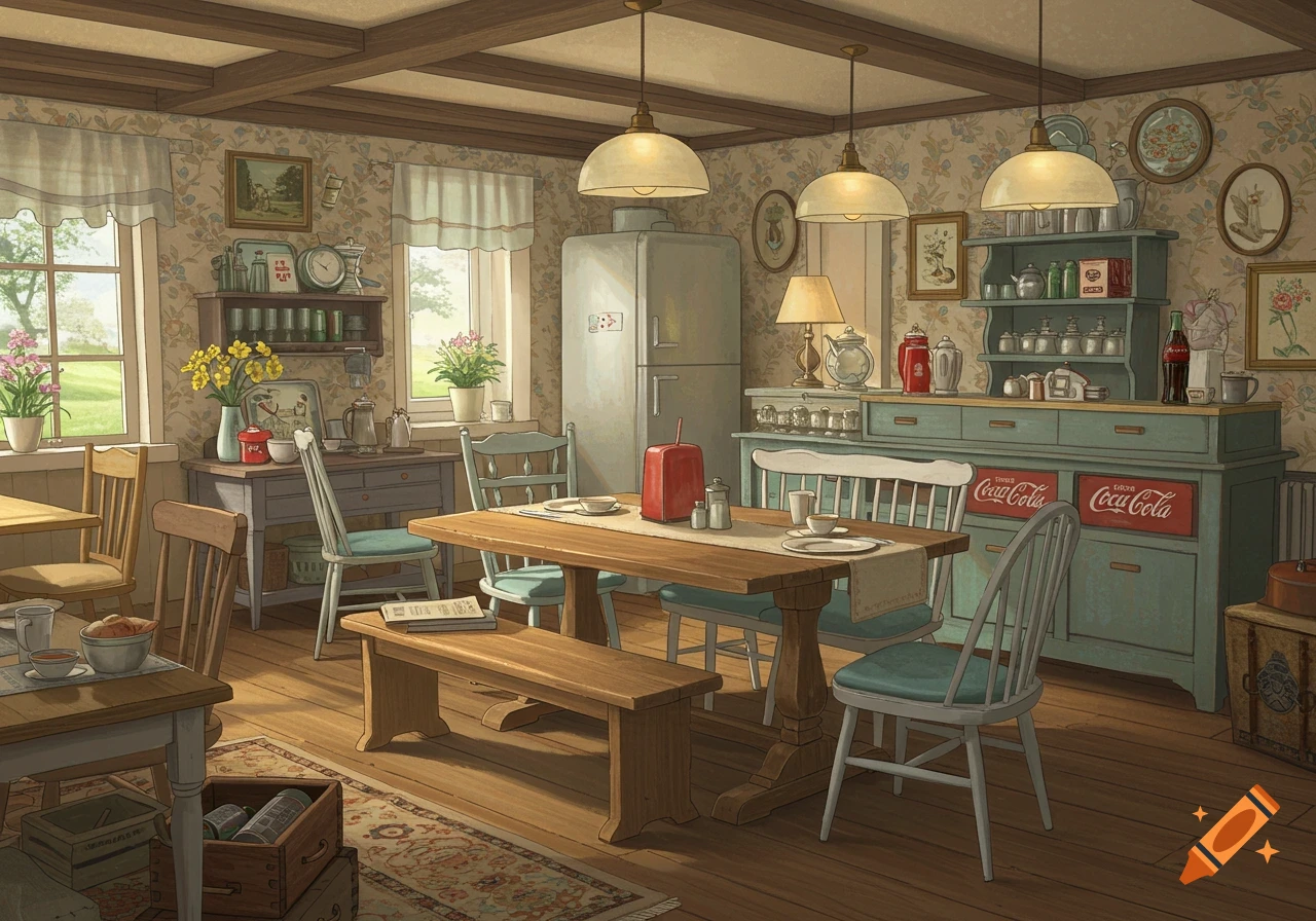 A charming cottage-style interior with a dining table and kitchen cabinet.