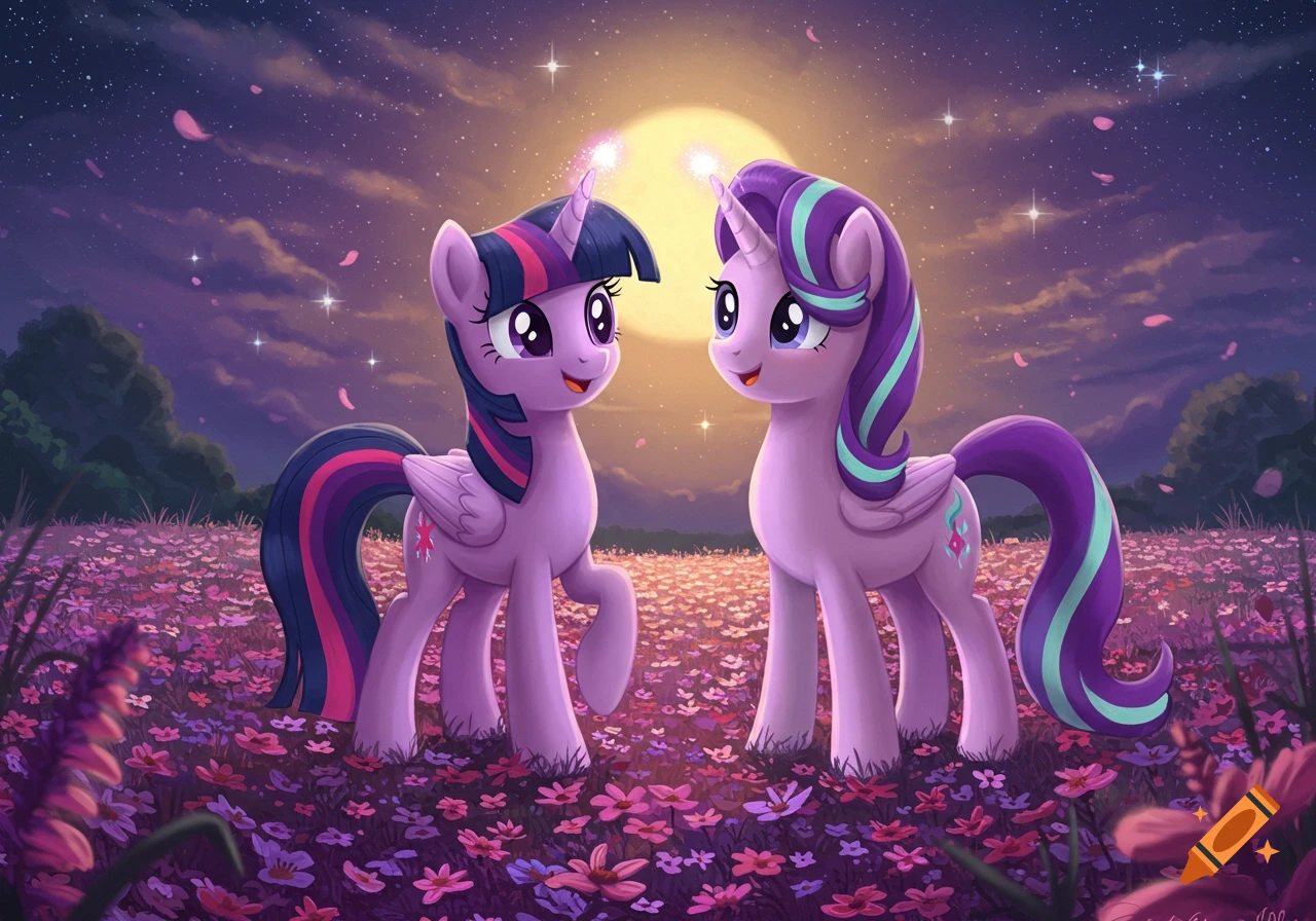 Two purple cartoon unicorn ponies stand in a field of flowers under a starry night sky and full moon.