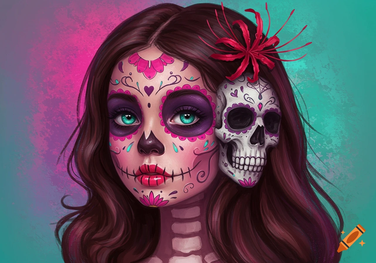 Digital painting of a woman with intricate sugar skull makeup, a skull attached to her head, and a red spider lily in her hair.