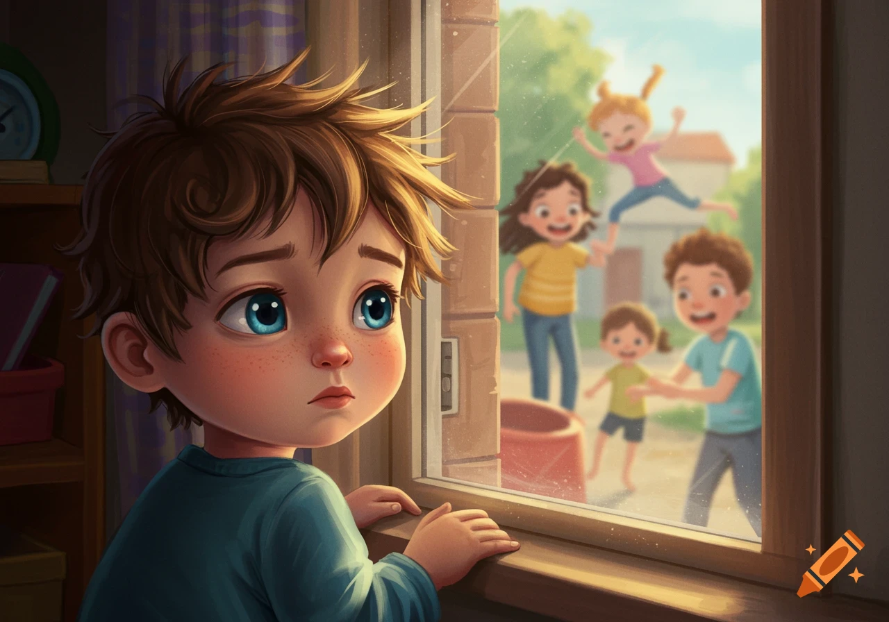 Illustration of a sad boy looking through a window at children playing outside.