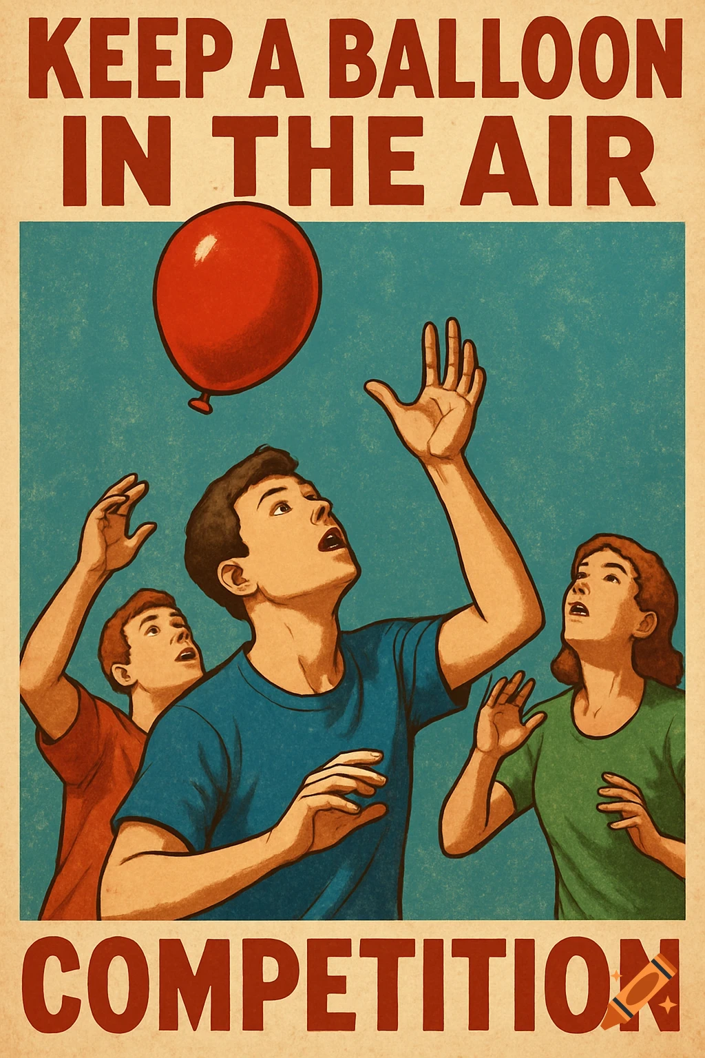 Vintage poster showing three people reaching up at a red balloon with text 'KEEP A BALLOON IN THE AIR COMPETITION'.