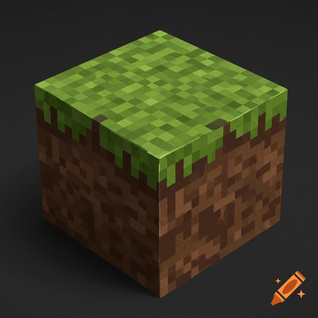 A pixelated Minecraft grass and dirt block on a dark background.
