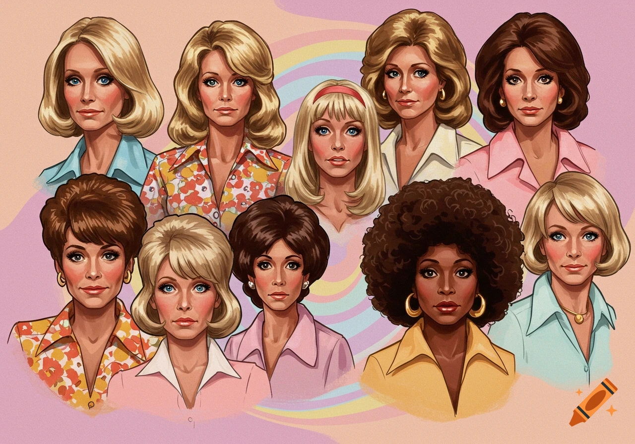 Illustration collage of women with 1970s hairstyles and clothing against a pastel background.