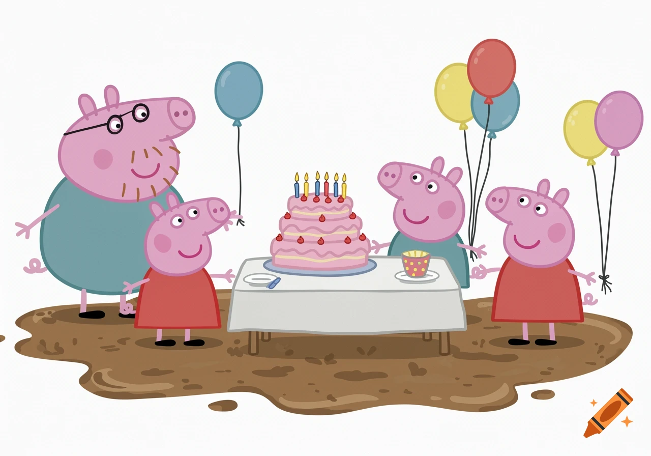 Cartoon of Peppa Pig characters at a birthday party with a cake and balloons in a mud puddle.