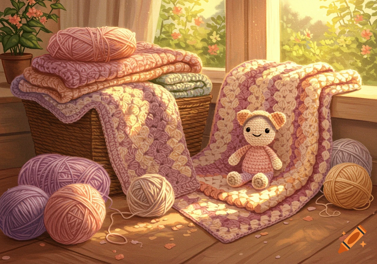 Crochet items and yarn balls are piled next to a window in warm sunlight, with a small amigurumi toy sitting on a blanket.
