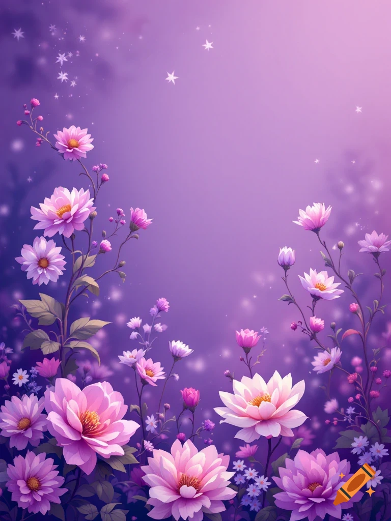 Pink and purple flowers on a gradient purple background with sparkle effects.