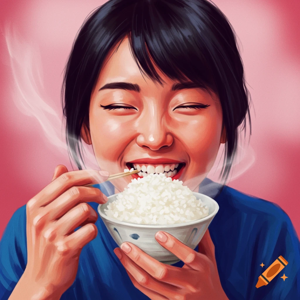 An illustration of a person happily eating a bowl of rice with chopsticks.