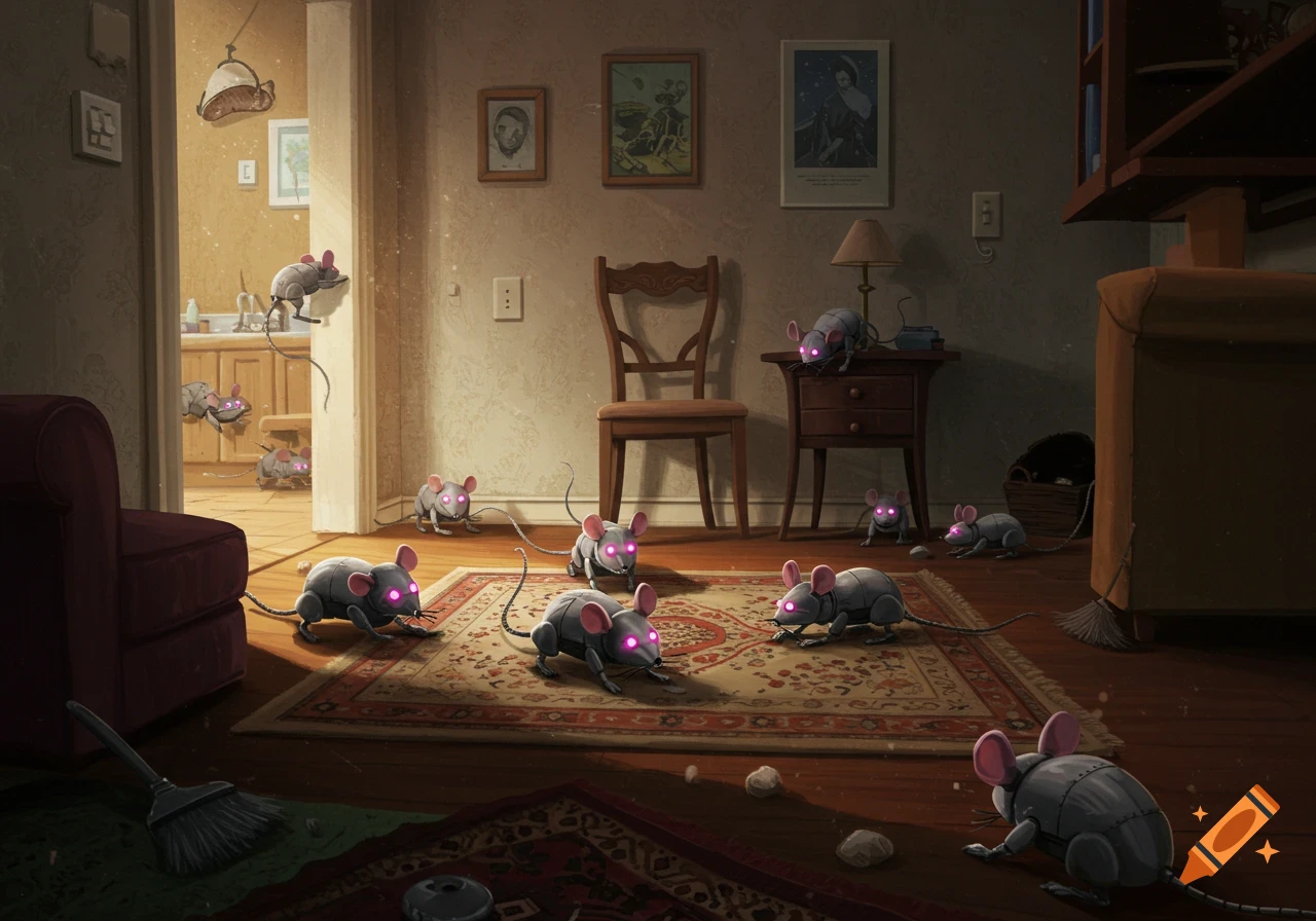 Robot mice with glowing pink eyes scurry across a rug in a living room.