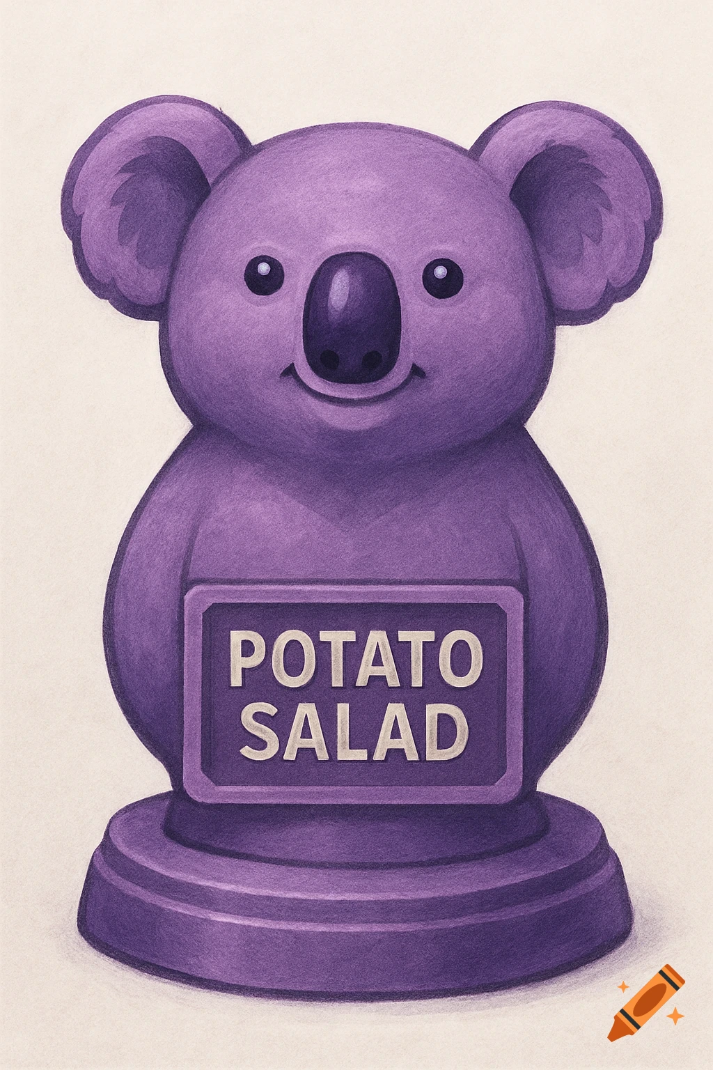 A purple koala-shaped award with a sign that says 'POTATO SALAD' in an illustrative style.