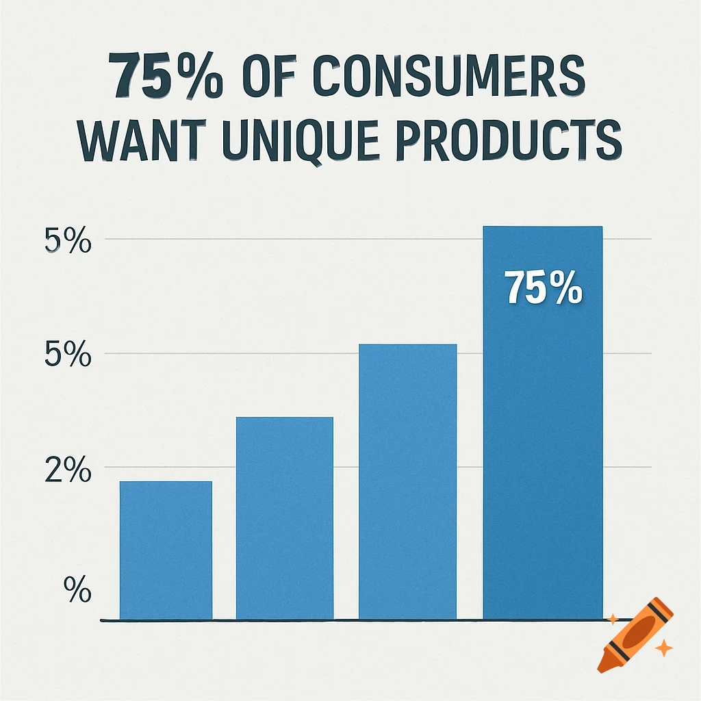 Bar graph titled '75% OF CONSUMERS WANT UNIQUE PRODUCTS', with the tallest bar indicating 75%.
