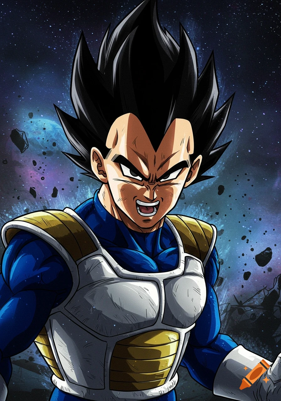 Illustration of Vegeta from Dragon Ball Z in his Saiyan armor against a starry space background with asteroids.