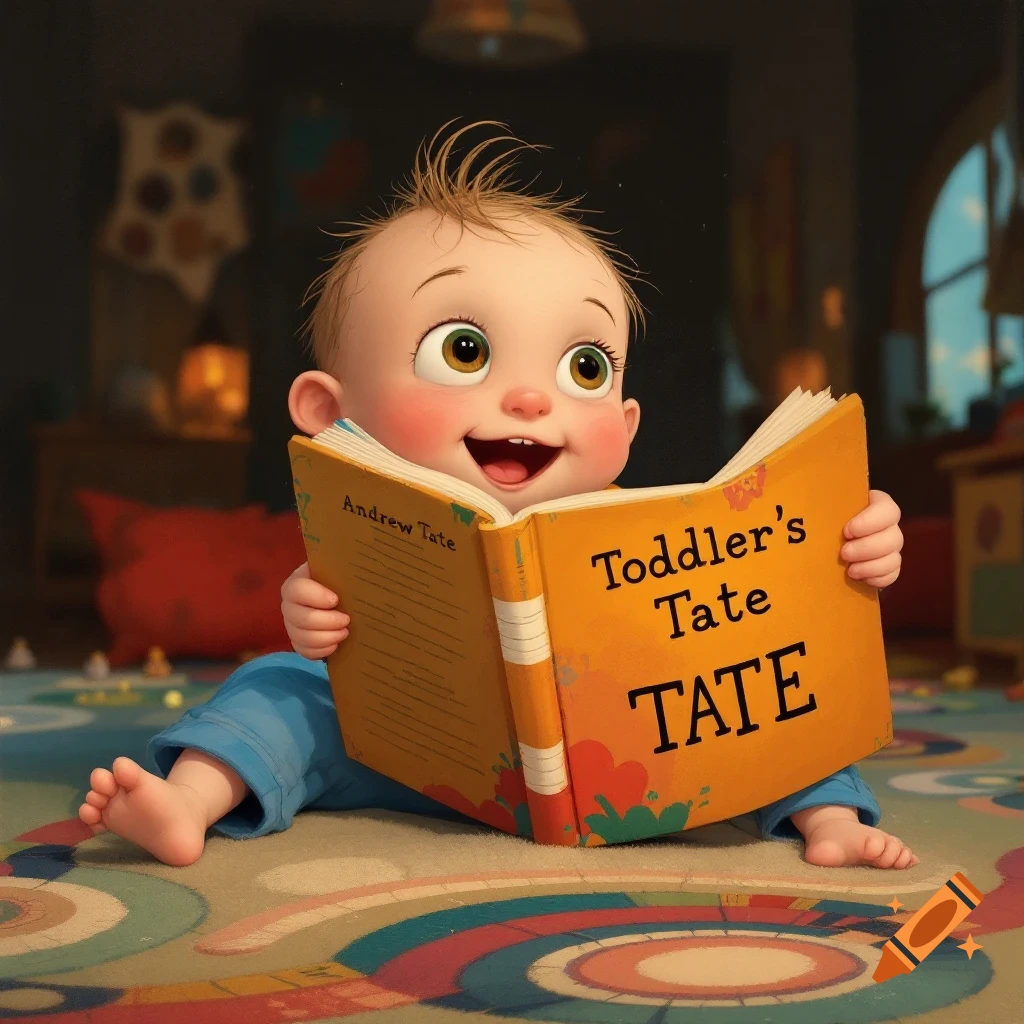 Cute cartoon baby sitting on a rug and reading a children's book.