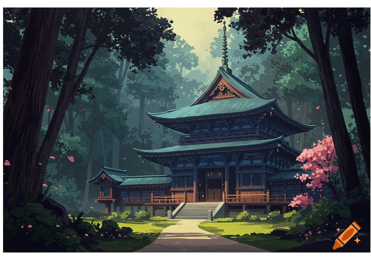 Japanese temple in a forest path with pink cherry blossoms, stylized digital painting.