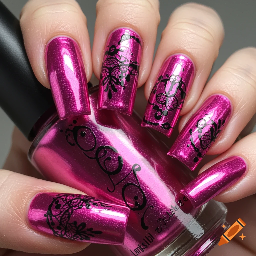 Hand holding pink nail polish bottle, showing nails with metallic pink polish and black lace art.