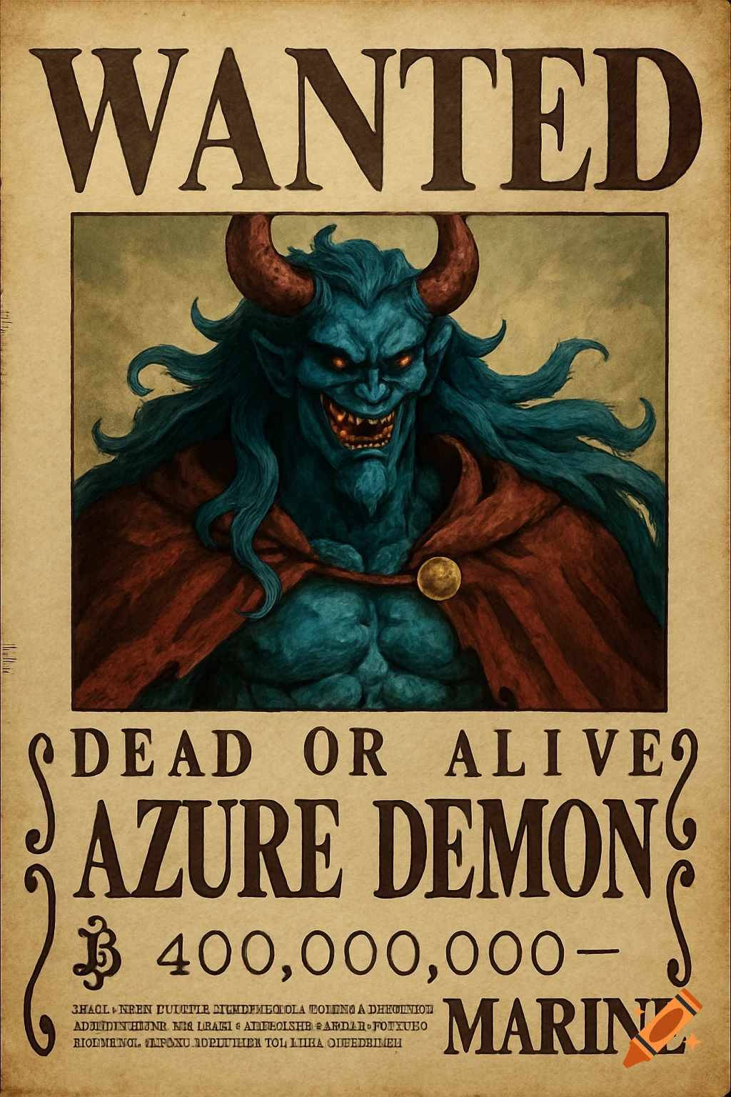 Wanted poster for a blue demon character with horns, red eyes, and a red cape. Text includes 'WANTED' and 'AZURE DEMON'.