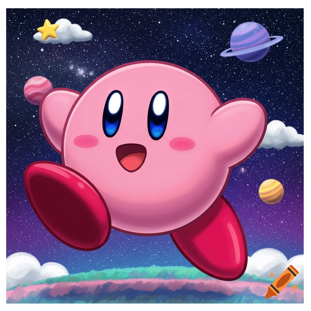 Kirby flying through space with planets and stars.