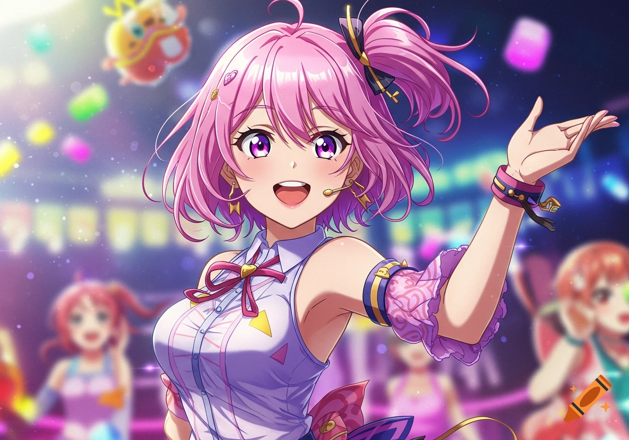 Anime illustration of a pink-haired girl resembling Ai Hoshino on stage, smiling and waving.