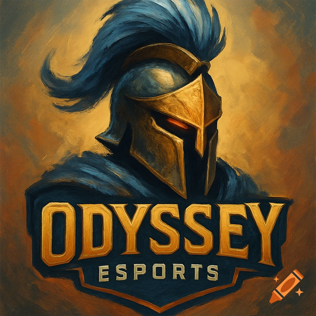 Stylized painting of a Spartan helmet logo with "Odyssey Esports".