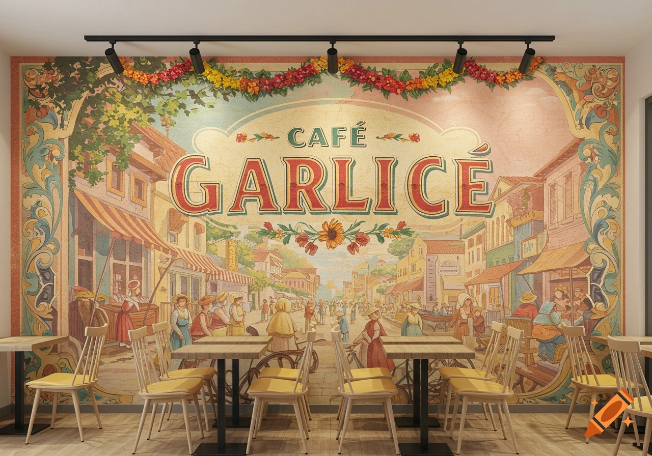A cafe interior with a large vintage illustration mural of a street scene and text 'CAFÉ GARLICE' on the wall.