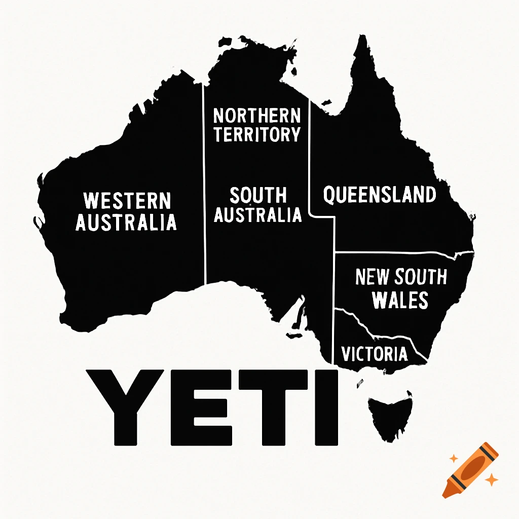 Black and white map of Australia with state names and YETI logo below.