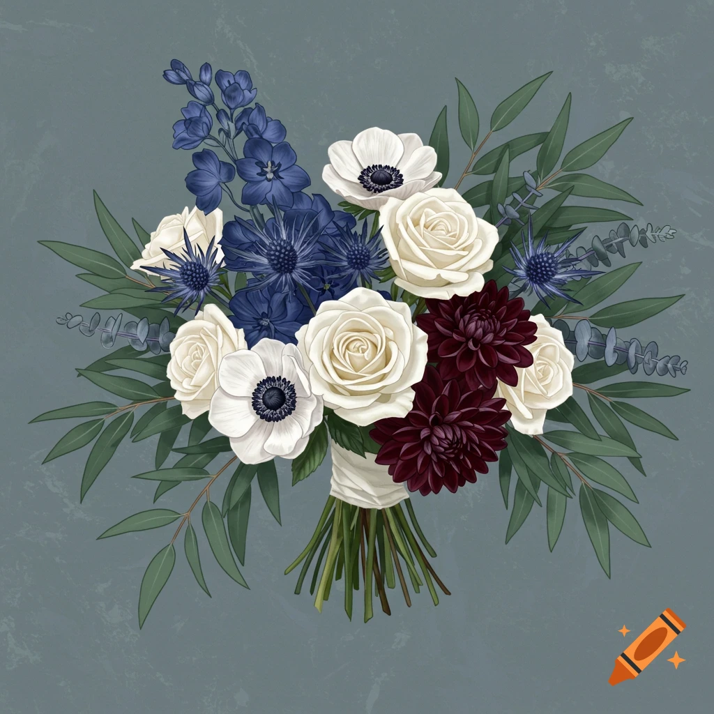 An illustration of a wedding bouquet with white roses, dark red dahlias, blue flowers, and greenery on a grey background.