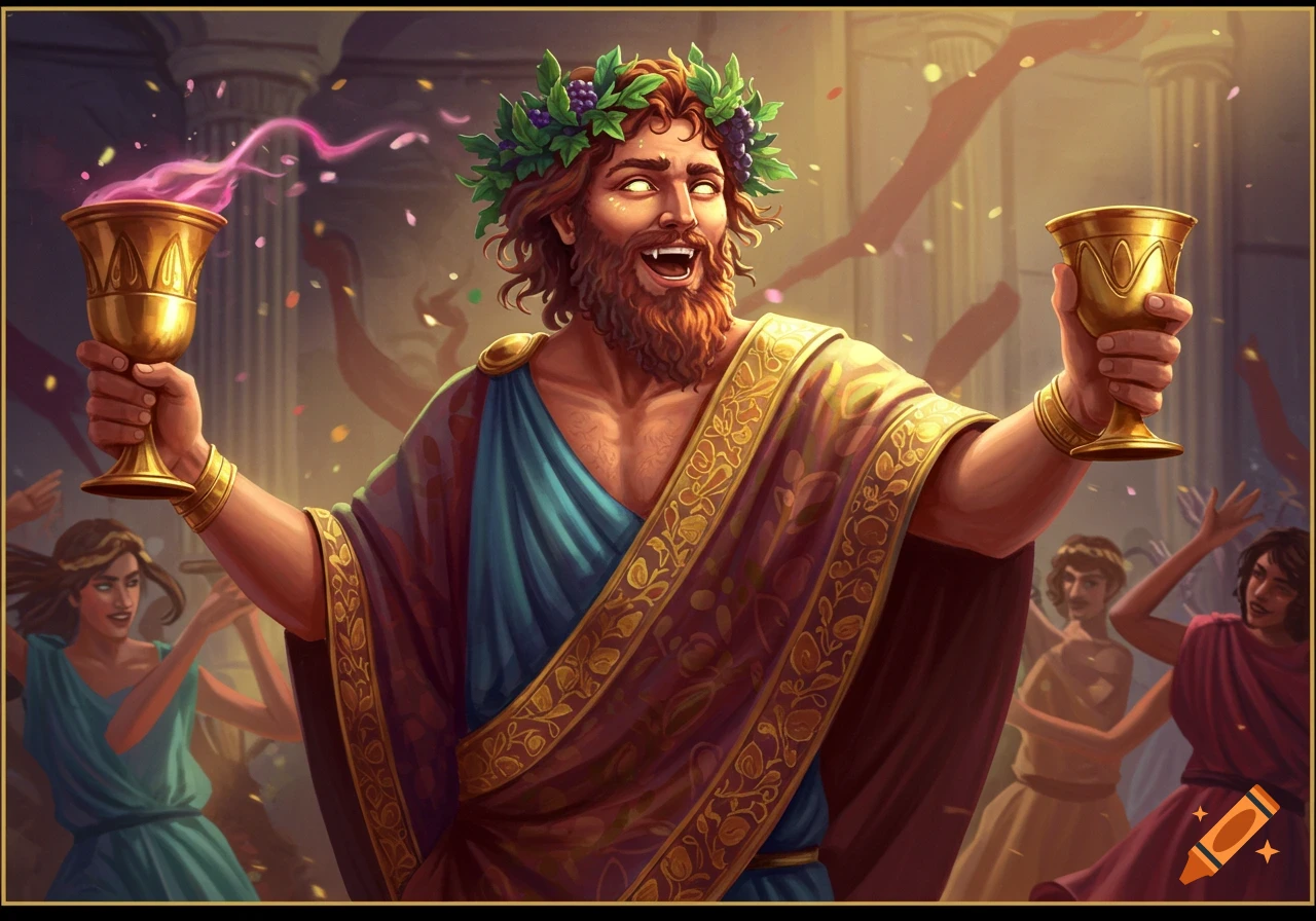 A bearded man in ancient robes and a wreath holds up golden cups, celebrating amongst people in a classical setting with confetti.