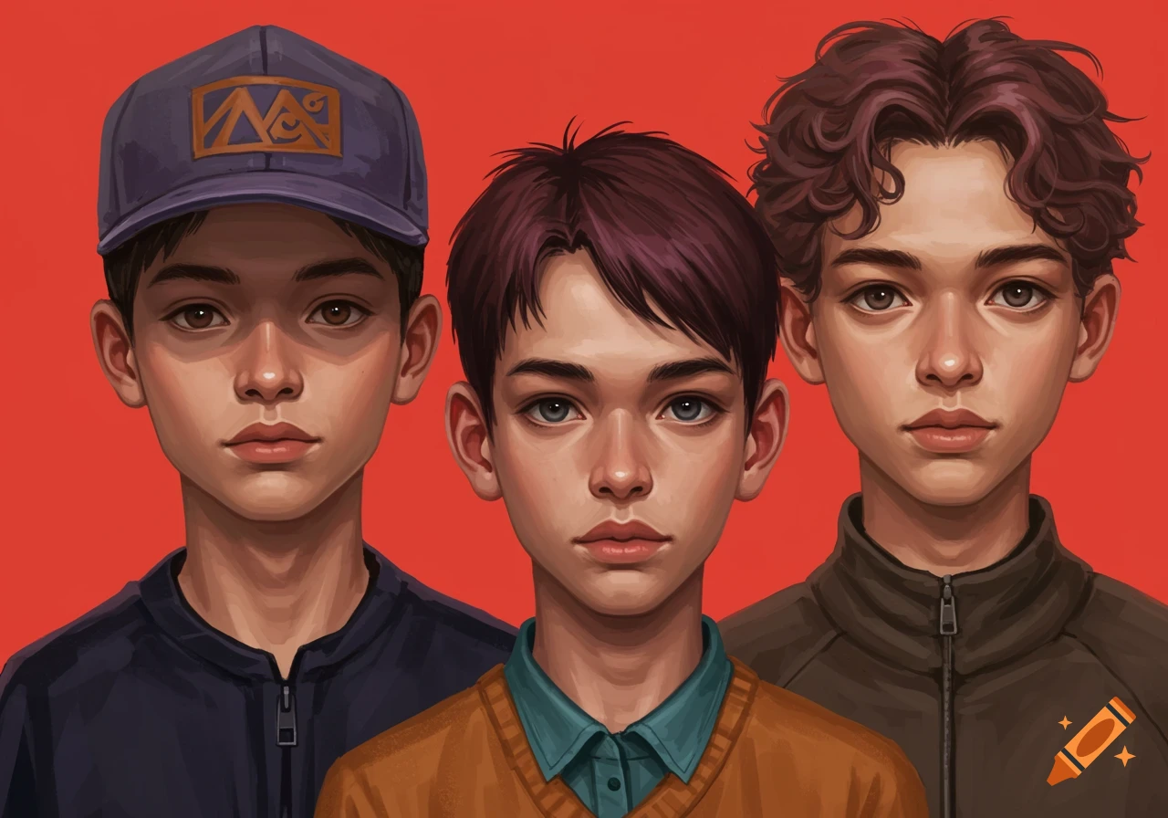 Illustration of three young boys against a red background, one wearing a cap.